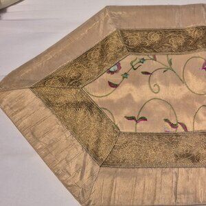 Pretty Table Runner Gold Green Red Blue w/Floral Designs 59"L x 16"W Satin Feel